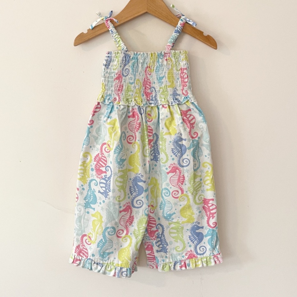 HARTSTRINGS EUC Girls Smocked Pastel Seahorse Summer Romper